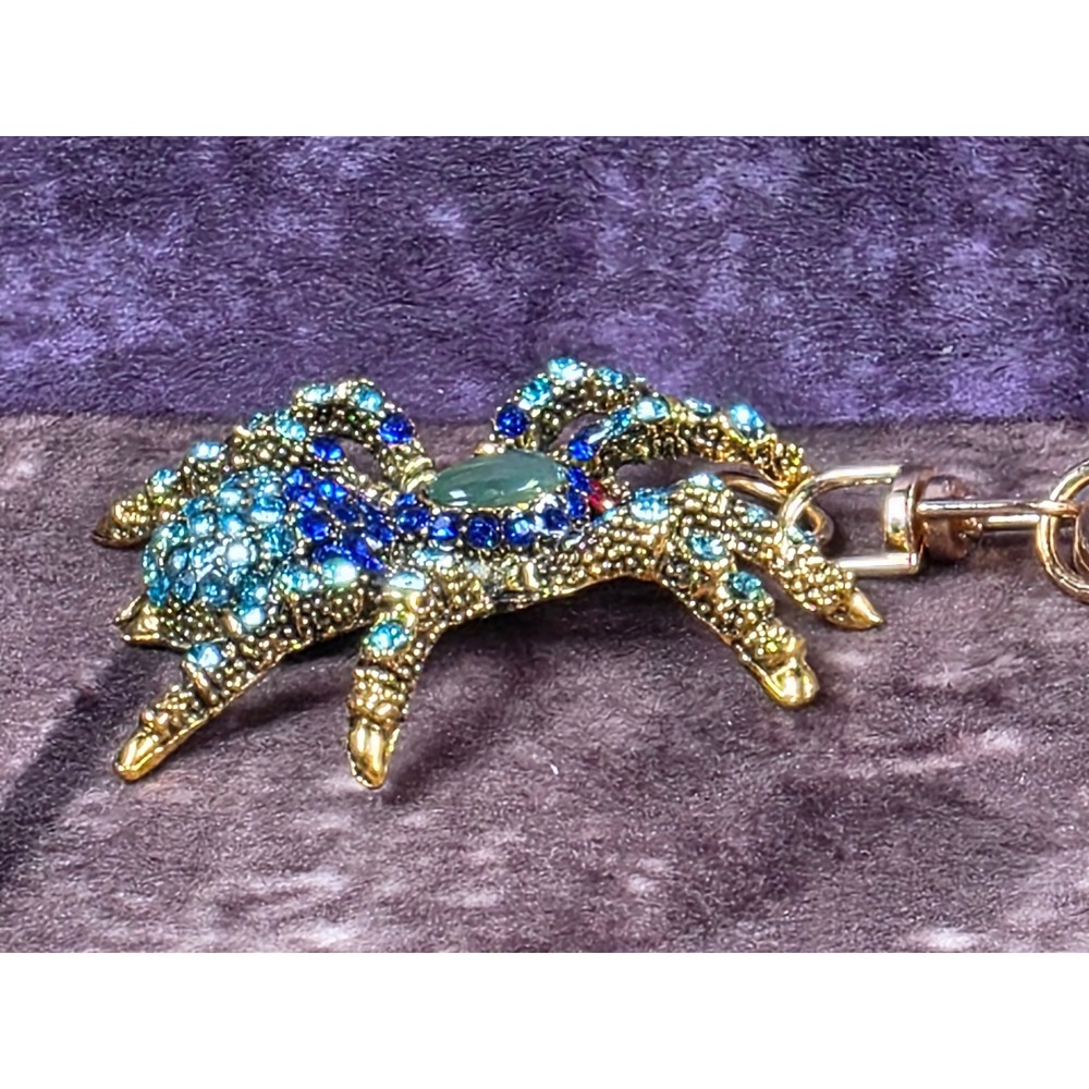 Spider Keychain Gold Tone Blue Rhinestones Jeweled Bug Purse Charm Bling - Picture 6 of 10